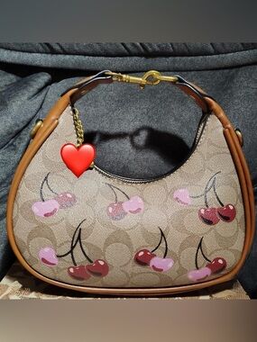 Inspired  Cherry-Print Hobo Bag in Beige and Brown